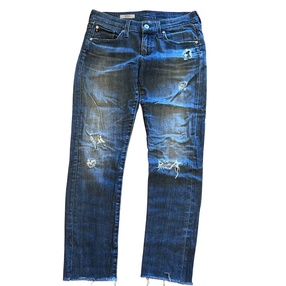 AG Adriano Goldschmied  Nolan Relaxed Slim Jeans Distressed Raw Hem Holes Sz 26R